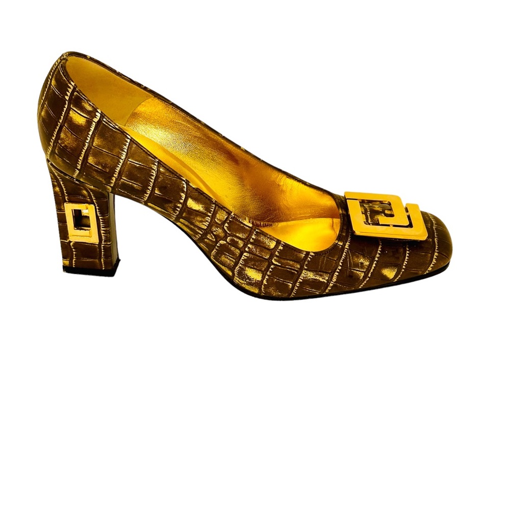Charles Jourdan brown with gold accents pump w/ gold buckle type adornment Sz 8